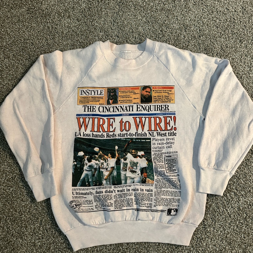 Cincinnati Reds Enquirer Vintage White Graphic Print Crewneck Sweater
